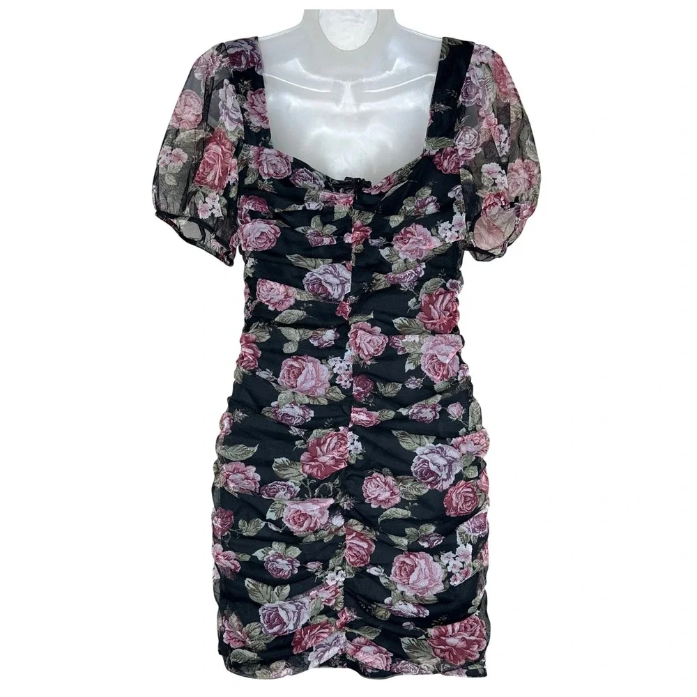 IRIS Floral Black Mini Dress Sweetheart Neckline‎ Ruched Puff Sleeve M Fairycore